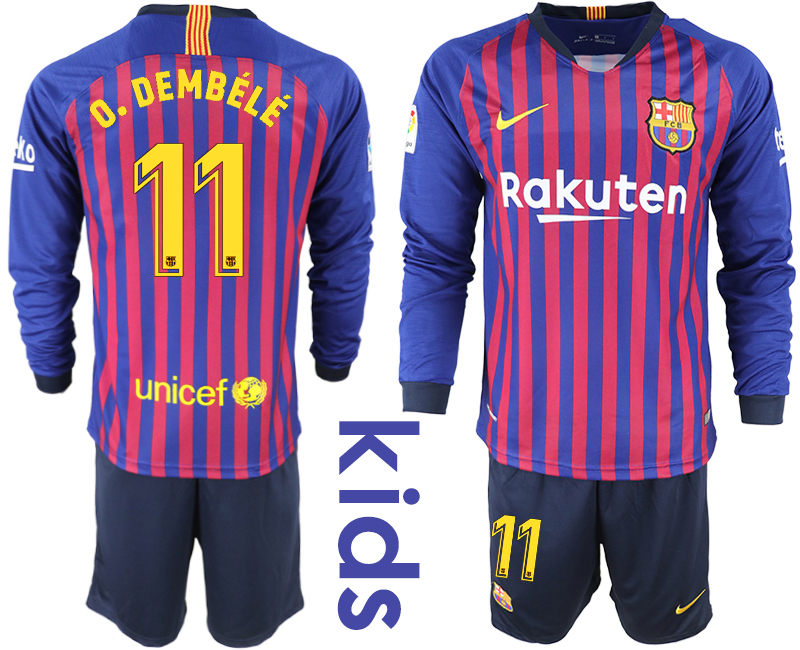 2018_2019 Club Barcelona home long sleeve Youth #11 soccer jerseys